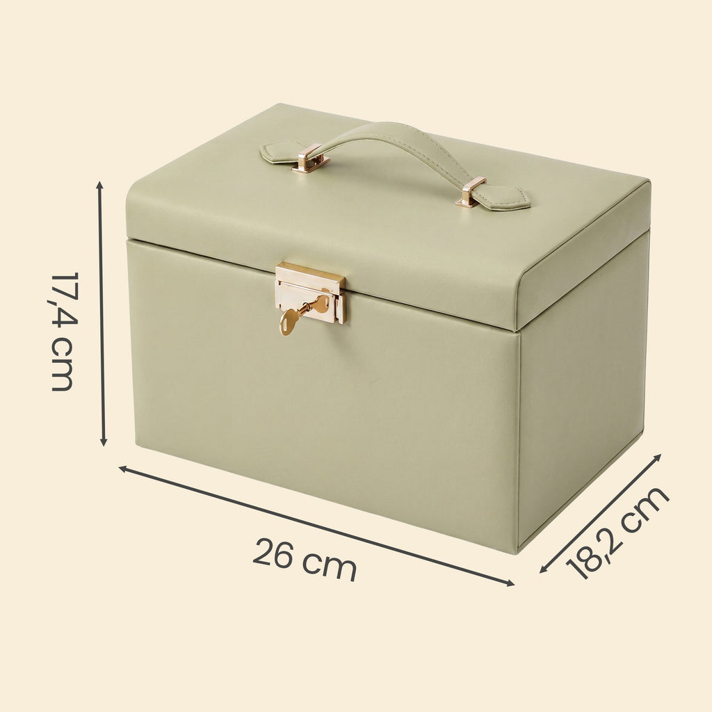 JOYFURNOS Boîte de rangement pour bijoux à 3 niveaux, Organisateur verrouillable avec poignée et 2 tiroirs, Cadeau pour femme, Usage de voyage, Vert