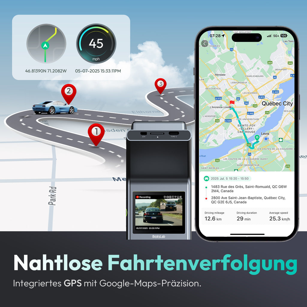 BOTSLAB G300H Plus Dashcam 4K Caméra Embarquée Voiture Avant Arrière | Capteur STARVIS 2, Double Canal WDR, Carte SD 64 Go, Commande Vocale, Wi-Fi 5GHz, GPS, Vision Nocturne