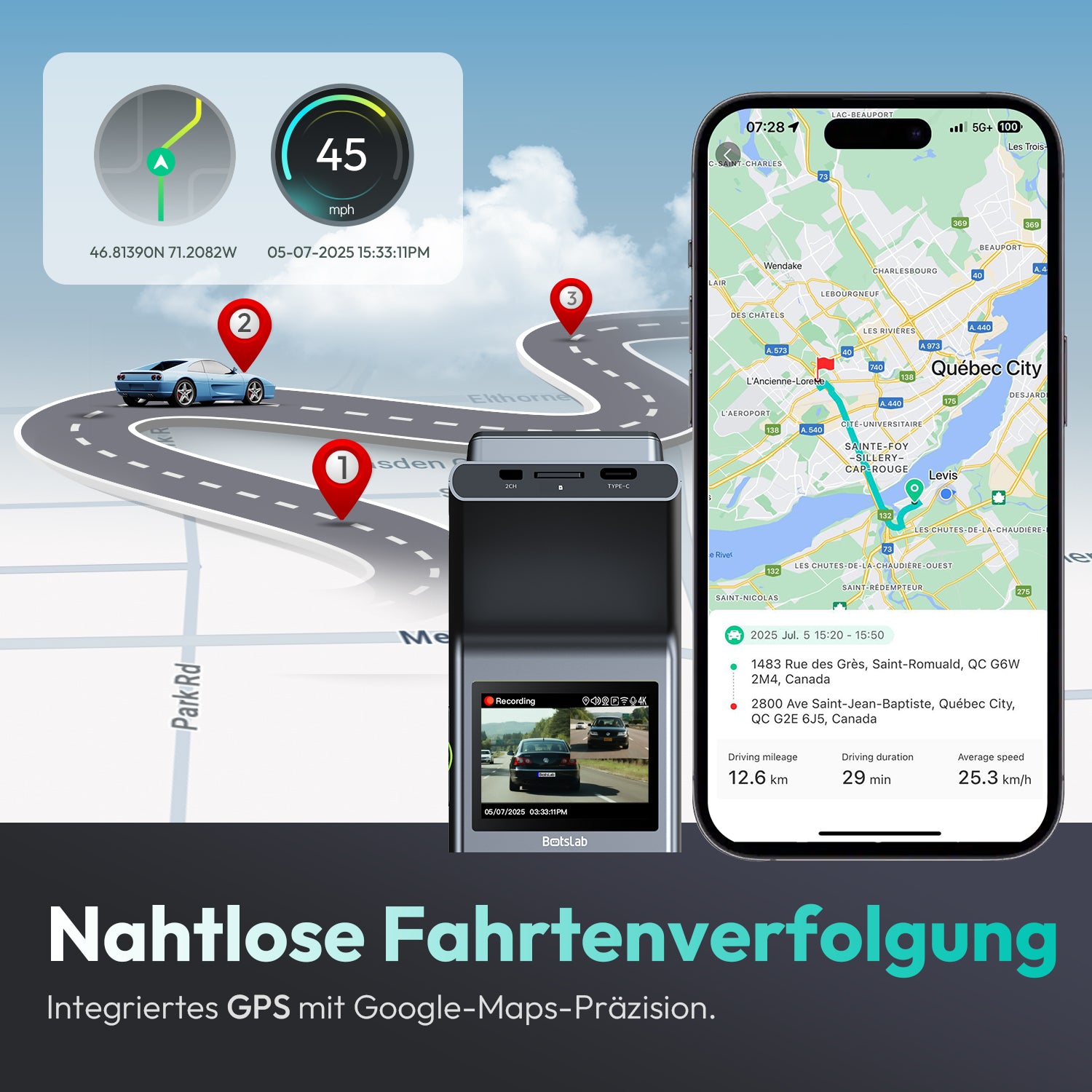 BOTSLAB G300H Plus Dashcam 4K Caméra Embarquée Voiture Avant Arrière | Capteur STARVIS 2, Double Canal WDR, Carte SD 64 Go, Commande Vocale, Wi-Fi 5GHz, GPS, Vision Nocturne