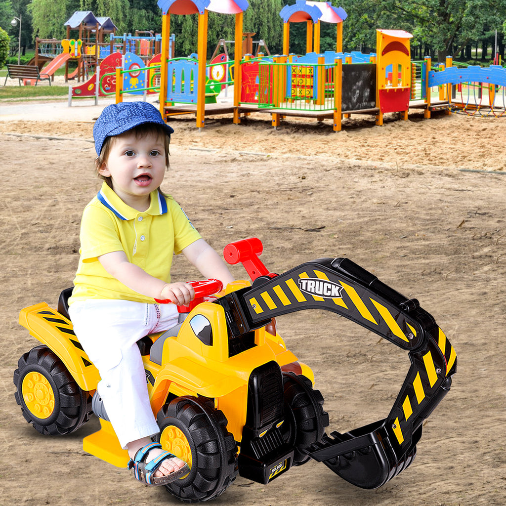 Excavatrice pour enfants et compartiment de rangement intégré, pelle avec klaxon, jouet excavatrice, pelle à sable, pelle avec siège pour enfants à partir de 3 ans, pierre et casque inclus