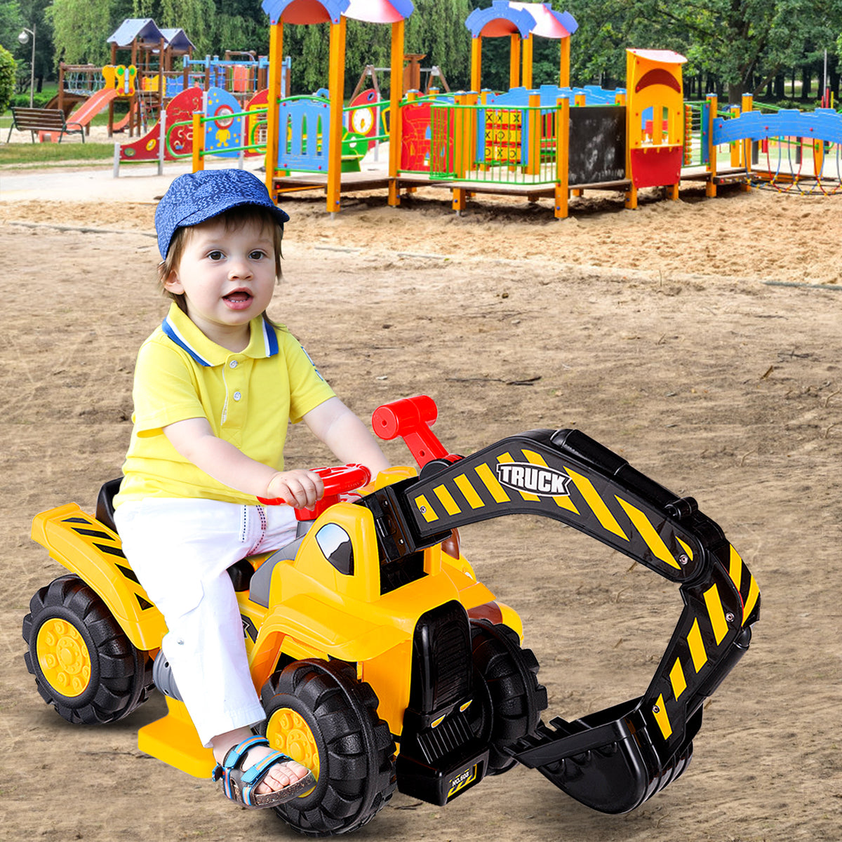 Excavatrice pour enfants et compartiment de rangement intégré, pelle avec klaxon, jouet excavatrice, pelle à sable, pelle avec siège pour enfants à partir de 3 ans, pierre et casque inclus