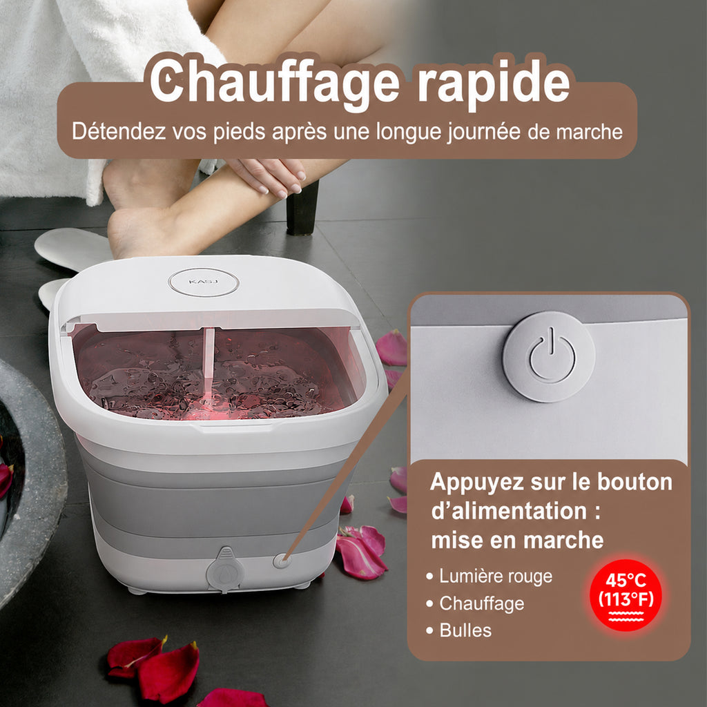 KASJ T5-A Spa de pieds massant portable pliable – chaleur, bulles et lumière rouge, massage à 6 rouleaux avec orifice de vidange pour relaxation à domicile