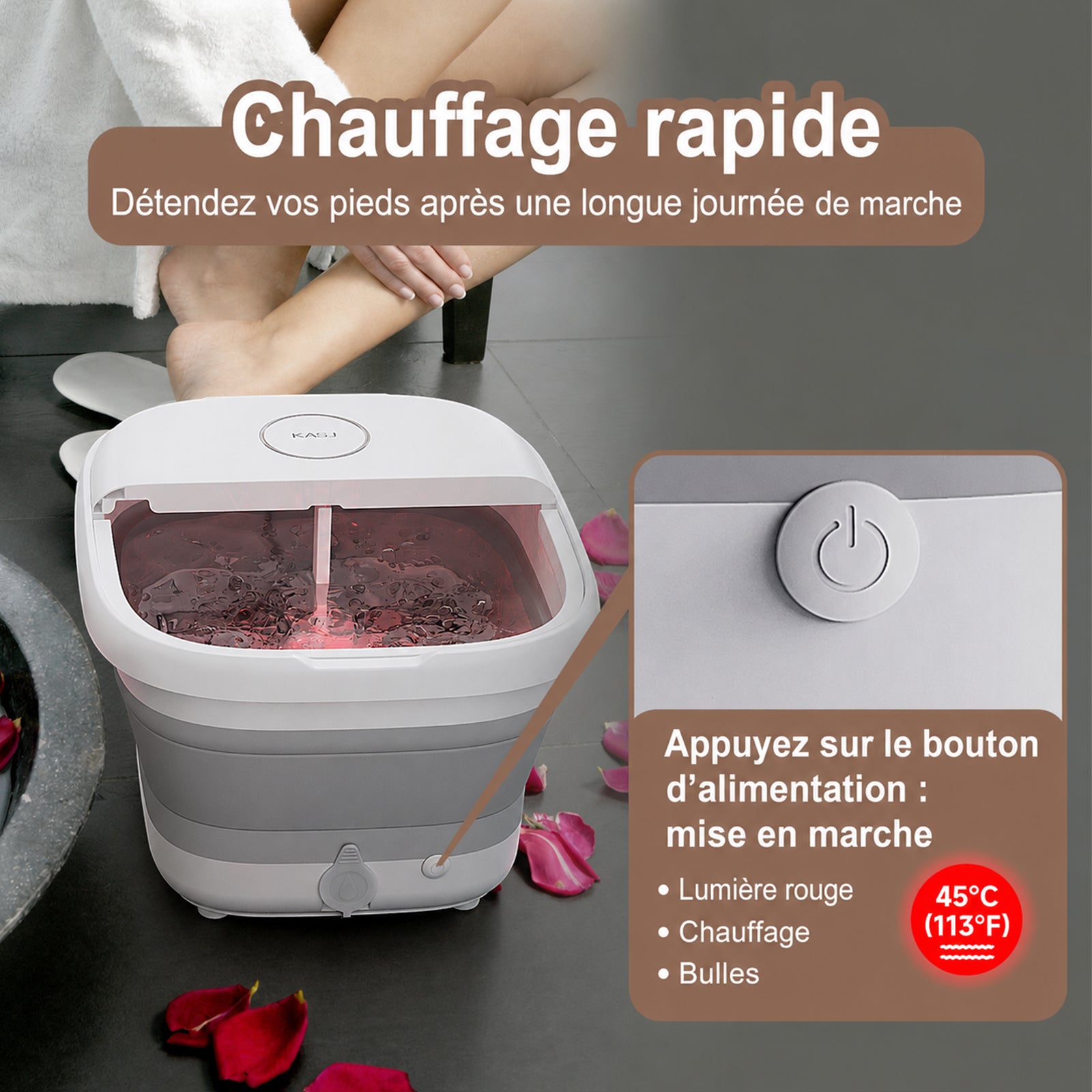 KASJ T5-A Spa de pieds massant portable pliable – chaleur, bulles et lumière rouge, massage à 6 rouleaux avec orifice de vidange pour relaxation à domicile