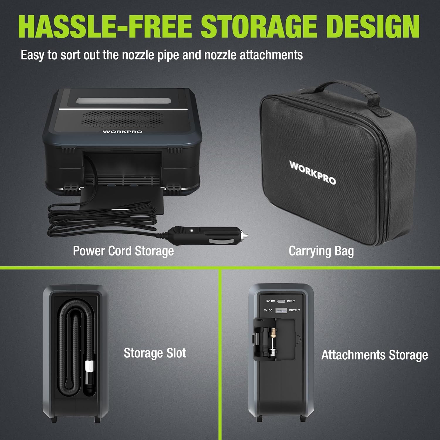 WORKPRO pompe à air électrique sans fil 3-en-1 avec éclairage LED, batterie externe intégrée, compresseur à batterie, écran d'affichage et protection d'arrêt automatique