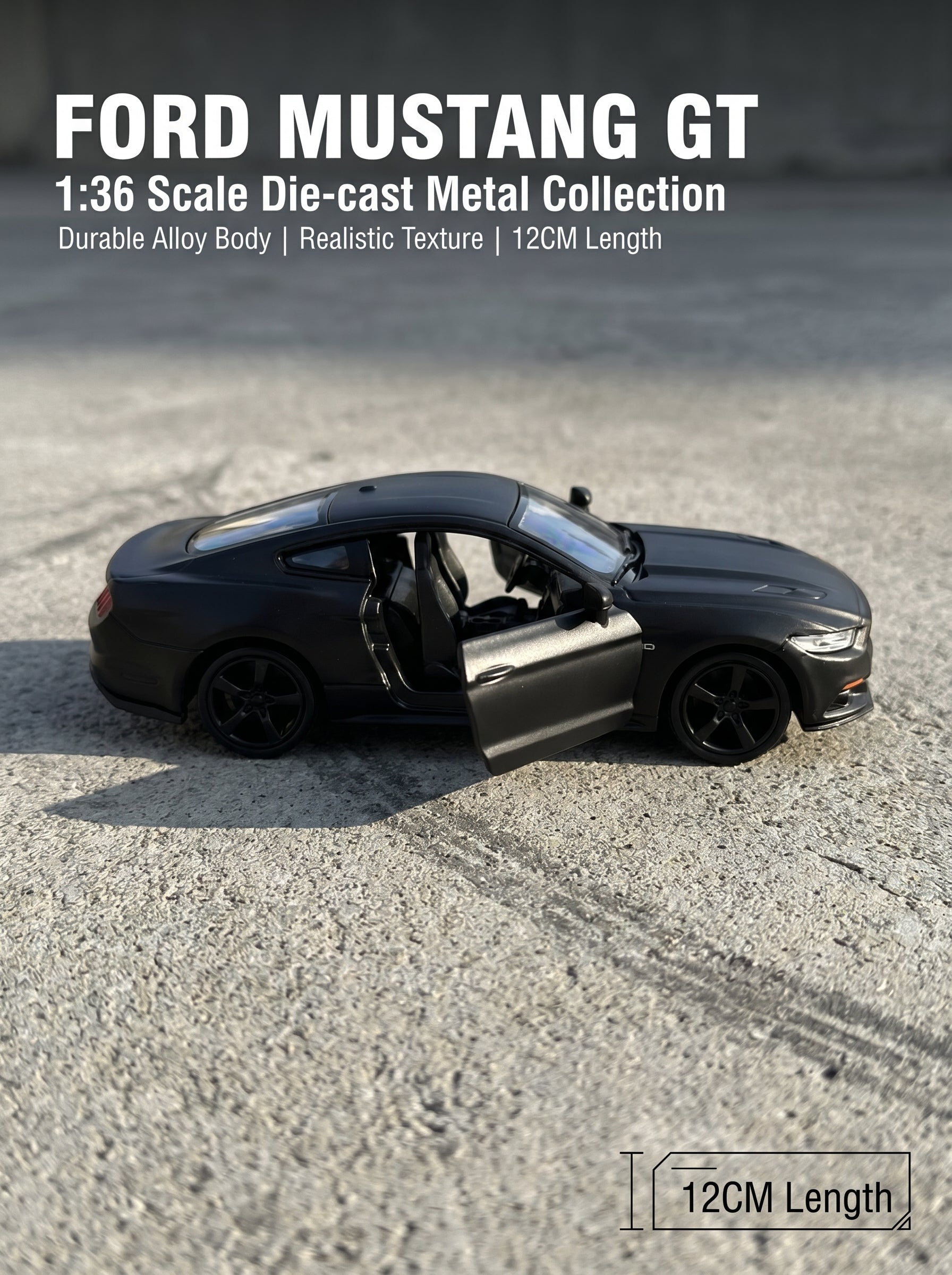 Voiture miniature Ford Mustang à l’échelle 1:36, en alliage noir, avec portes ouvrantes et mécanisme à ressort – Jouet pour enfants, idée cadeau