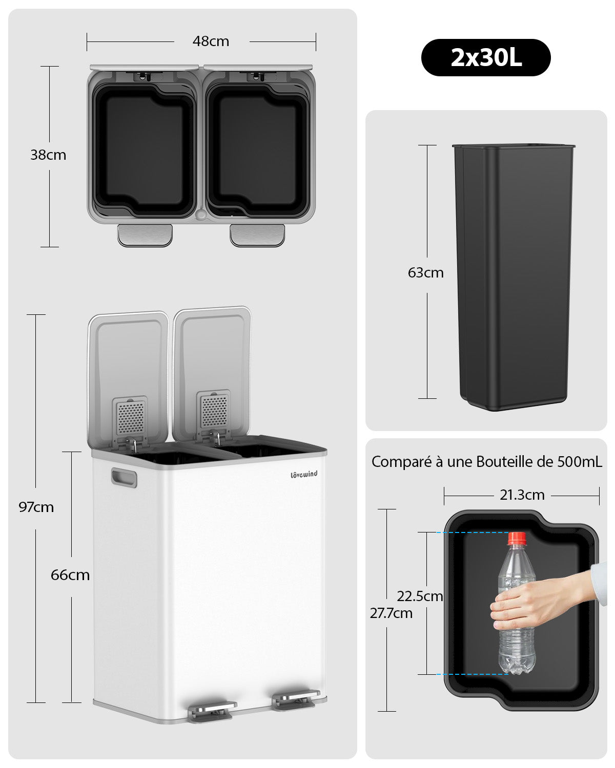 Poubelle de cuisine 60 L (2 x 30 L) en acier inoxydable, poubelle et bac de recyclage combinés avec couvercle à fermeture douce, poubelle à pédale à double compartiment pour recyclage, blanc