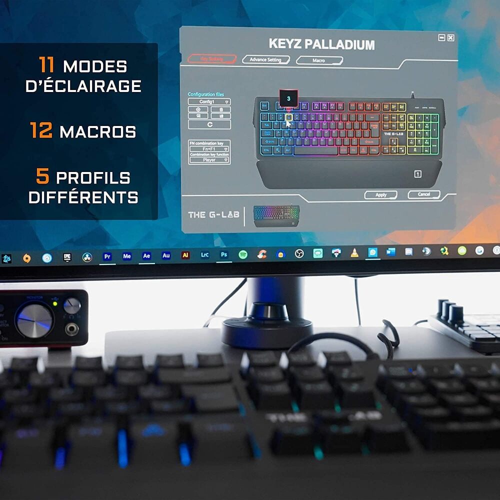 THE G-LAB Keyz Palladium Clavier Gaming Membrane Filaire RGB Taille Complète - AZERTY - Noir