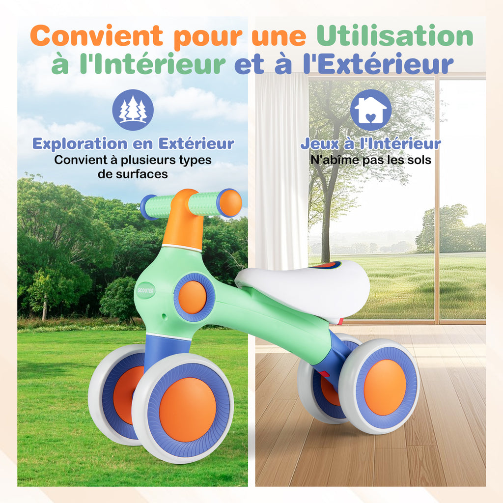 Draisienne pour bébé, siège rembourré réglable, 4 roues silencieuses, sans pédales, vert