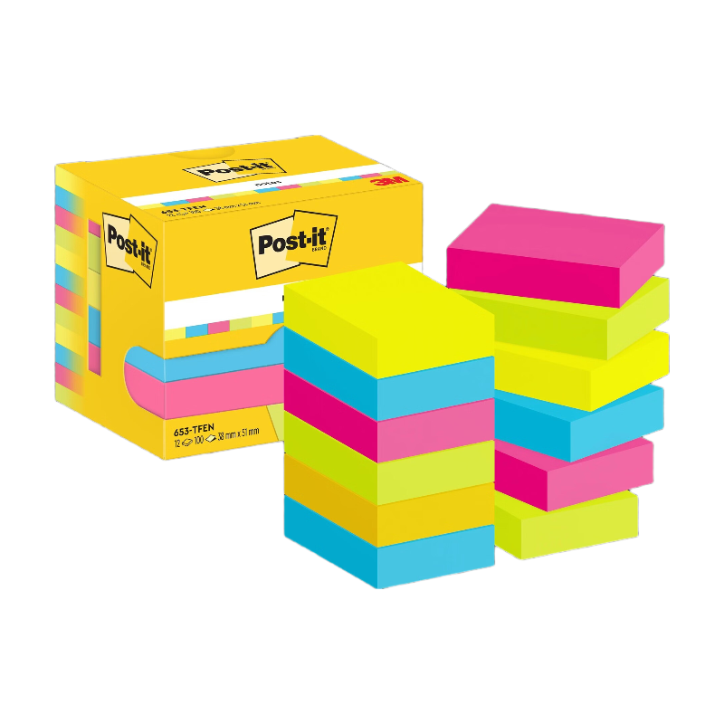 Post-it Notes, Collection de couleurs énergiques, 38 mm x 51 mm, 100 feuilles/feuille, 12 pads/lot, emballage en carton, 100 % PEFC, SGSCH-PEFC-COC-110078