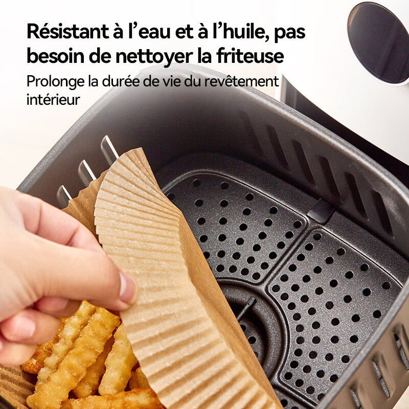 ochama x J.ZAO Papier pour Friteuse à Air - 100 Feuilles de Papier Cuisson Jetable, Résistant à la Chaleur, Qualité Alimentaire, Essentiel pour Friture à Air, Cuisson et Conservation - Accessoires de Cuisine - 1 Pack de 100 pièces