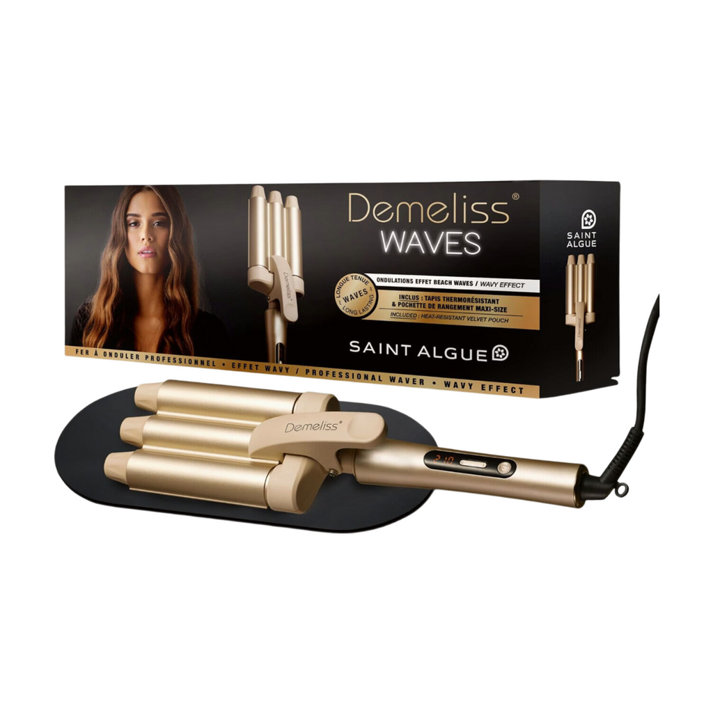 Demeliss WAVES Fer à Onduler Effet Ondulé Professionnel - Revêtement Céramique Tourmaline - 10 Températures Réglables - Tous Types de Cheveux - Avec Tapis Thermorésistant - Pochette de Transport