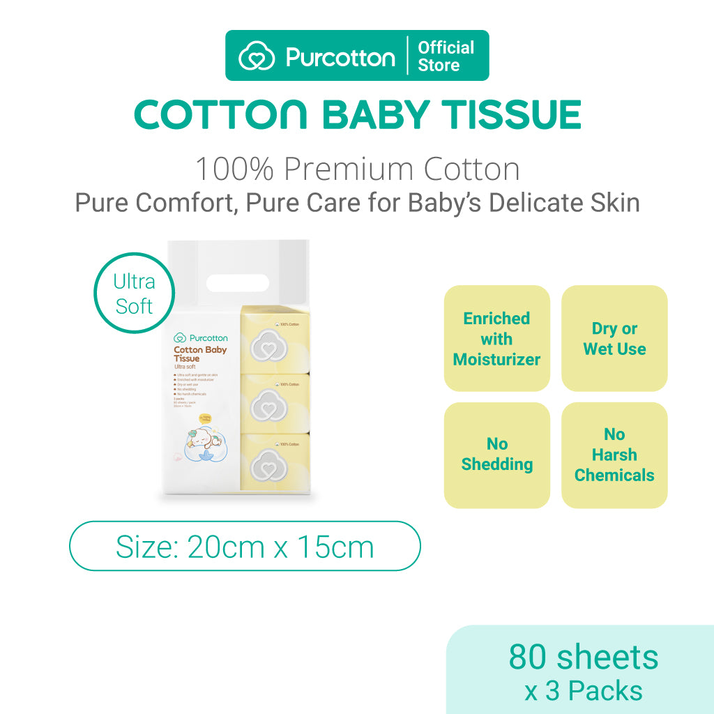 Purcotton Mouchoirs bébé 100 % coton (Ultra doux) 80 Feuilles/paquet (3 Paquets individuels)