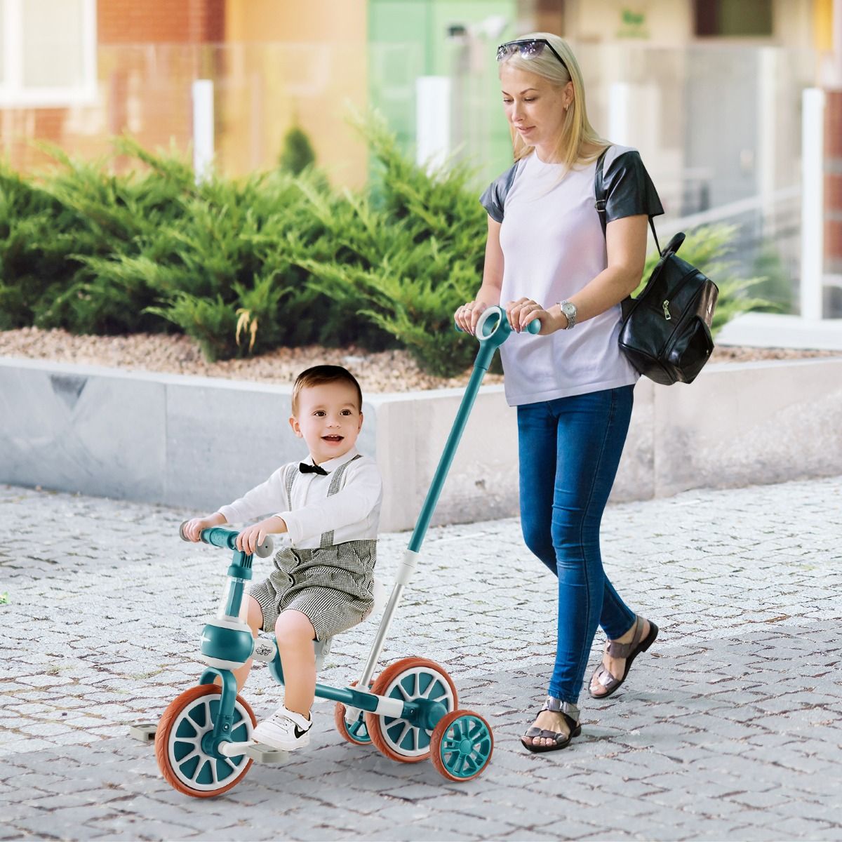 Vélo pour enfants 4-en-1, vélo d'apprentissage avec barre de poussée pour parents, dimensions 37 × 72 × 101 cm, vert