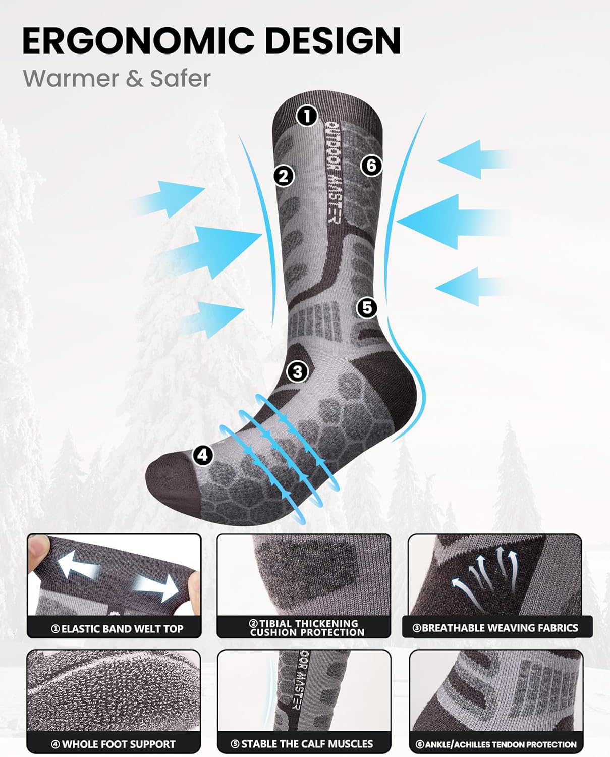OutdoorMaster Lot de 2 paires de chaussettes de ski en laine mérinos à compression gris foncé - Taille L