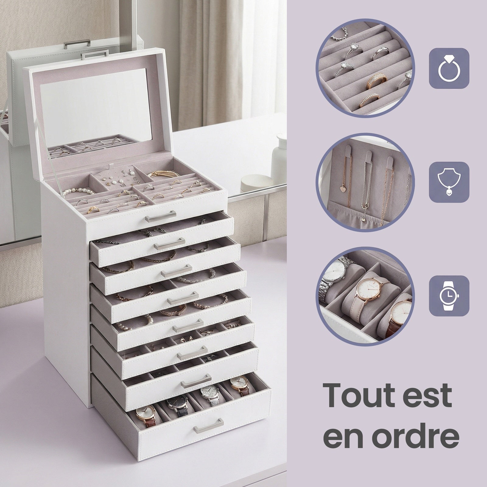 JOYFURNOS Grand Organisateur de Boîte à Bijoux à 8 Niveaux avec Compartiment de Rangement Dédié pour Montres, Design de Tiroir Empilable avec Plateau en Verre Transparent