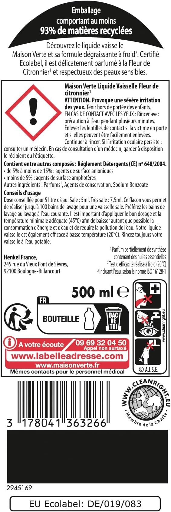 Maison Verte Liquide Vaisselle, Formule Dégraissante à Froid pour Peaux Sensibles, Certifié Écolabel, Fleur de Citronnier, 500 ml