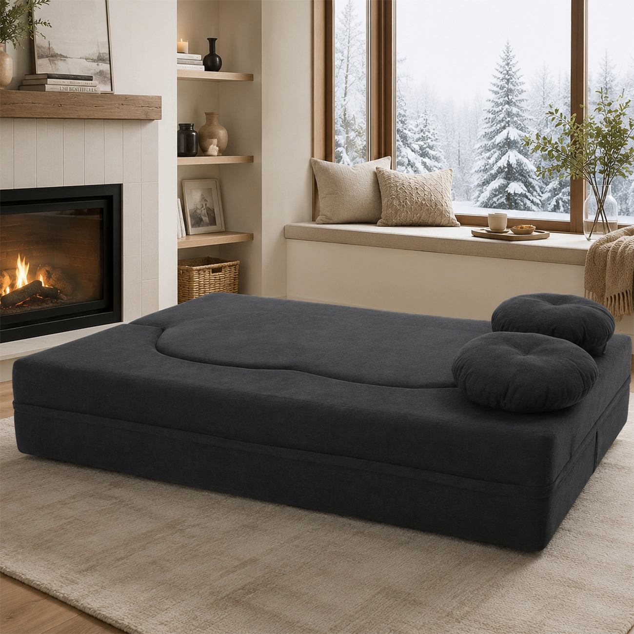 Canapé-lit 2 places avec accoudoirs larges, 2 coussins et mousse haute densité, pour salon, noir