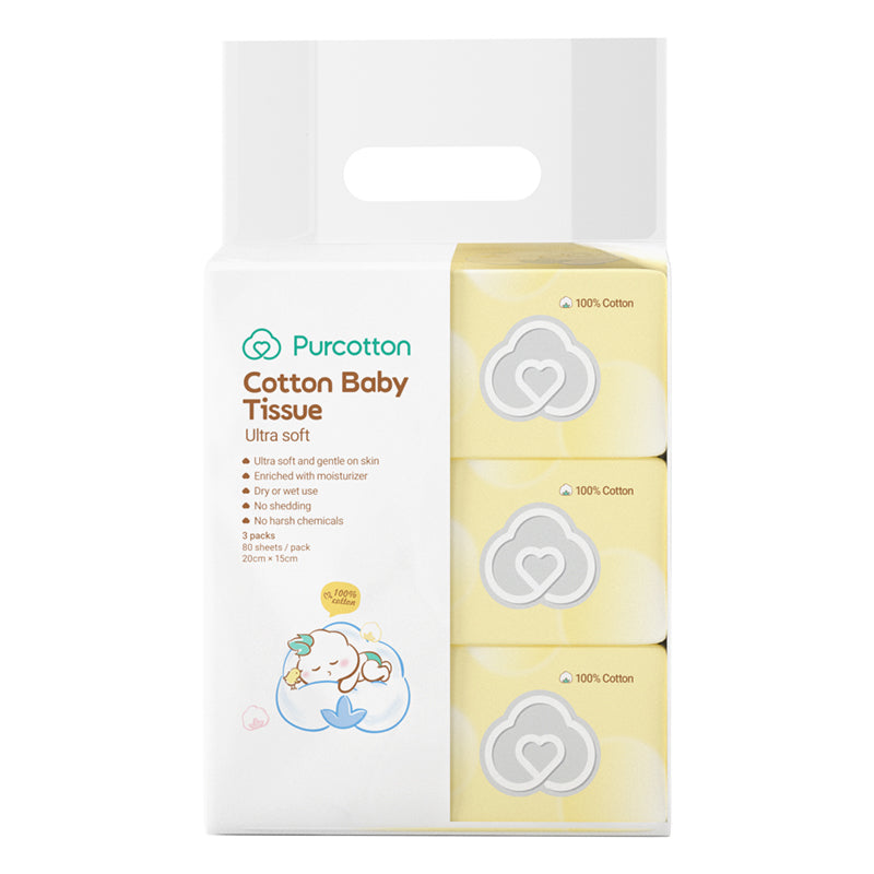 Purcotton Mouchoirs bébé 100 % coton (Ultra doux) 80 Feuilles/paquet (3 Paquets individuels)