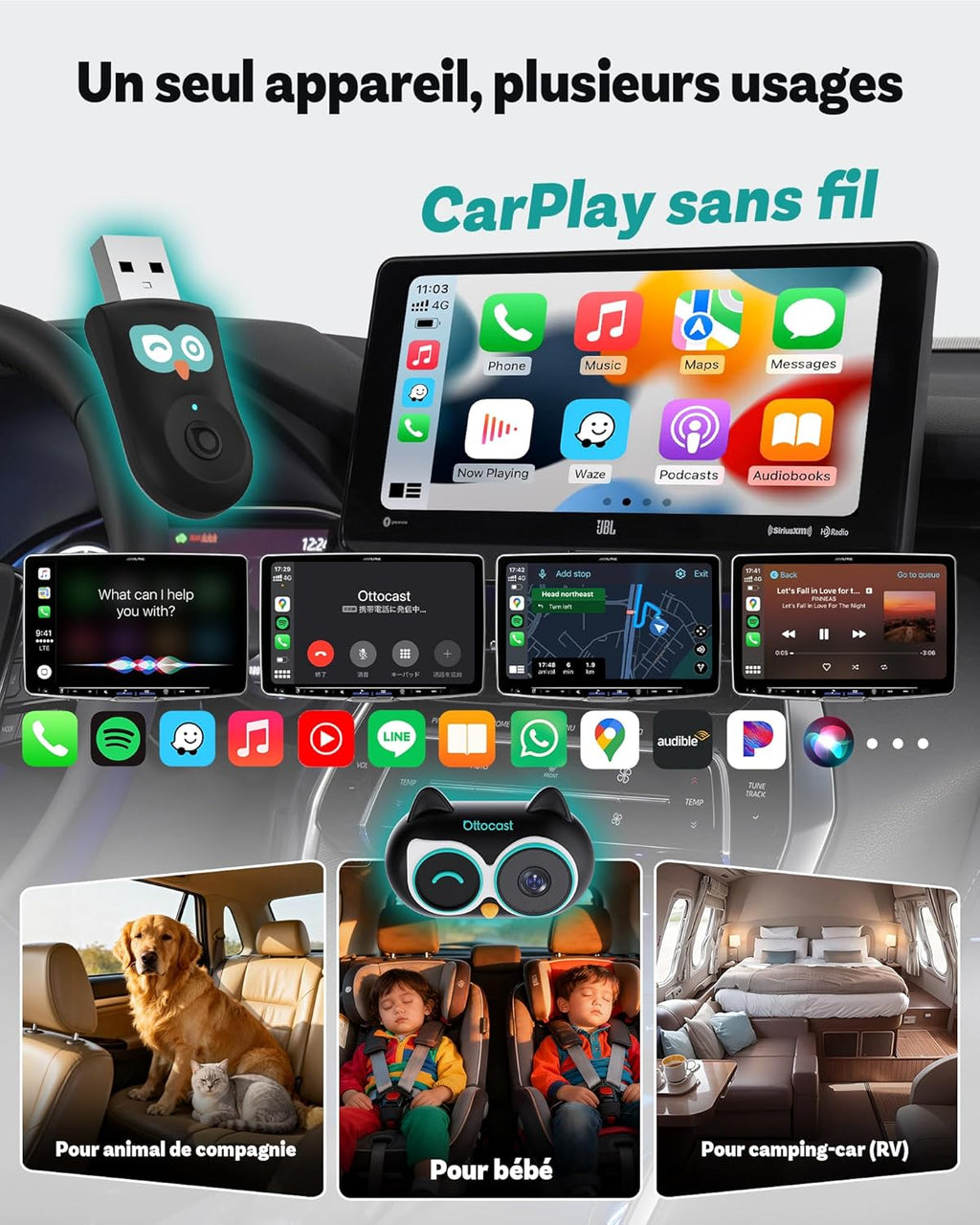 OTTOCAST Cabin Care Caméra voiture pour bébé, Écran partagé pour CarPlay sans fil et vue bébé, Vision nocturne sans lueur, Prêt à l’emploi, Grand angle 150°, 1080P