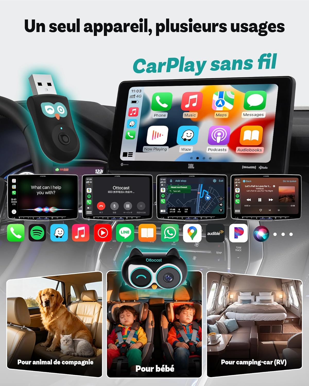 OTTOCAST Cabin Care Caméra voiture pour bébé, Écran partagé pour CarPlay sans fil et vue bébé, Vision nocturne sans lueur, Prêt à l’emploi, Grand angle 150°, 1080P