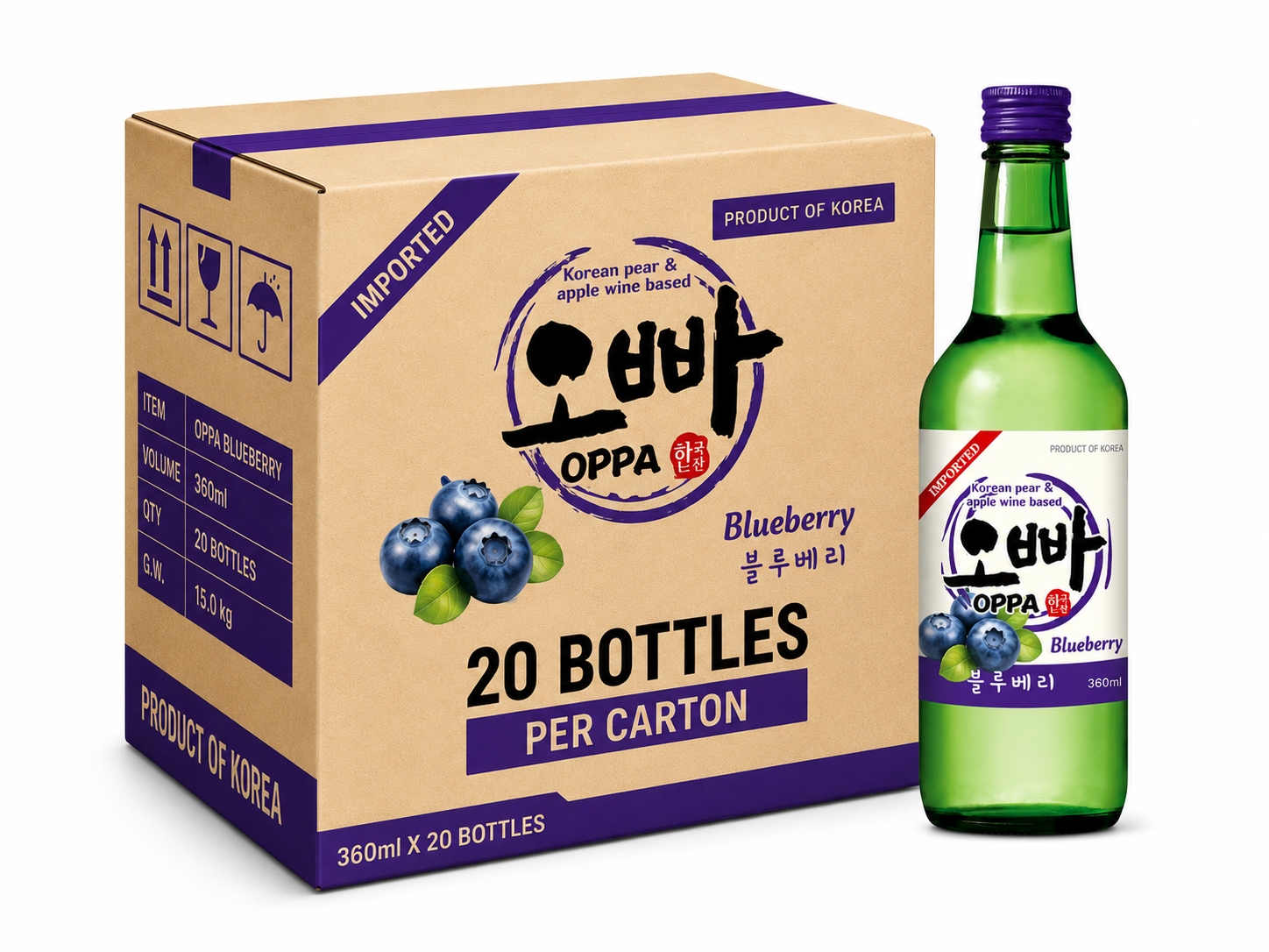 OPPA Soju à la myrtille 12 % 20 x 360 ml