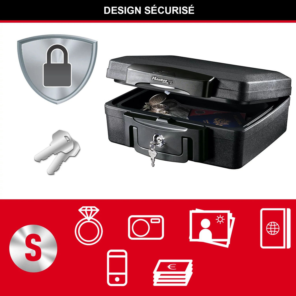 Master Lock Boîte de sécurité certifiée résistante au feu et à l’eau, avec clé, 4,9 L, 362 x 156 x 330 mm, portable avec poignée de transport, pour la maison et les professionnels