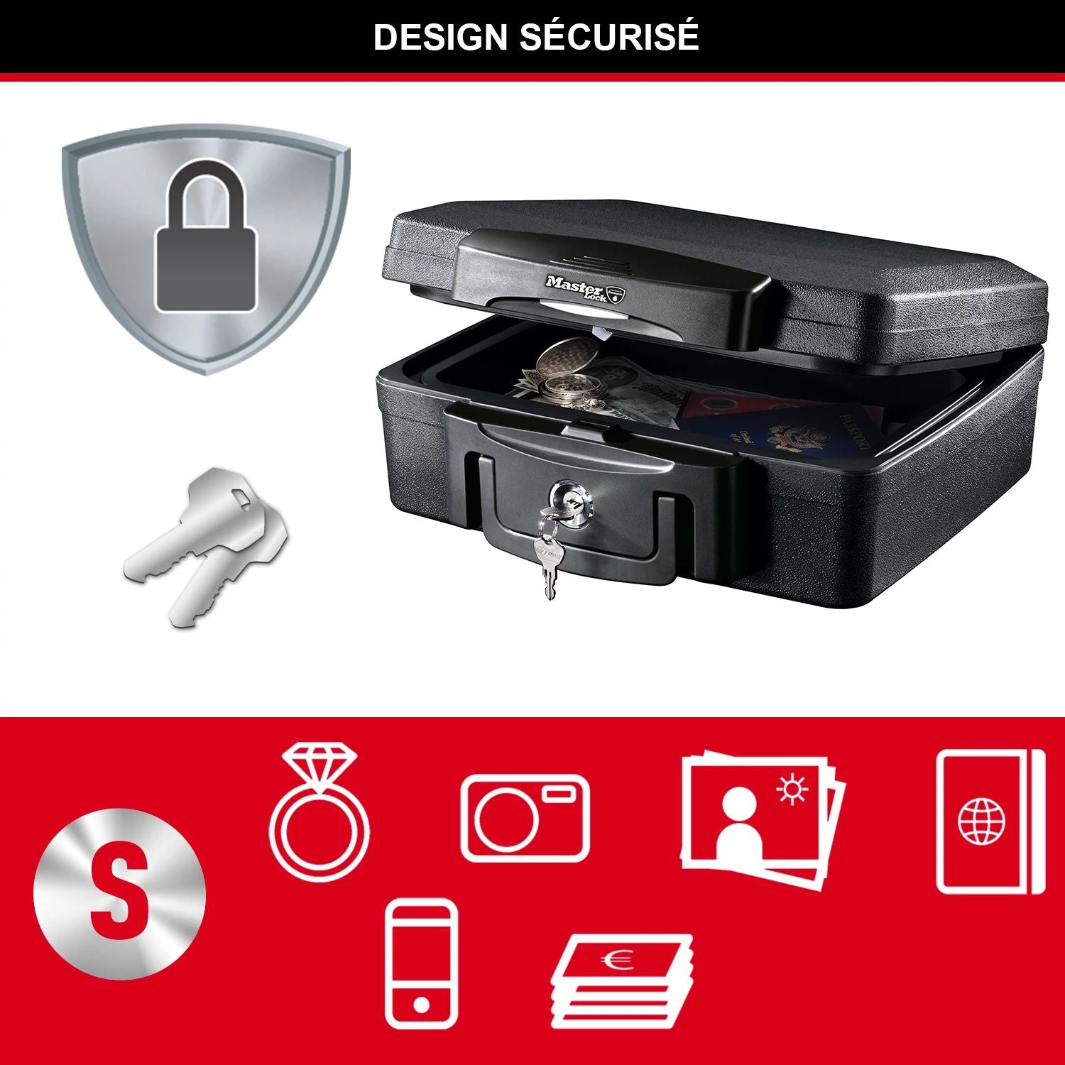 Master Lock Boîte de sécurité certifiée résistante au feu et à l’eau, avec clé, 4,9 L, 362 x 156 x 330 mm, portable avec poignée de transport, pour la maison et les professionnels
