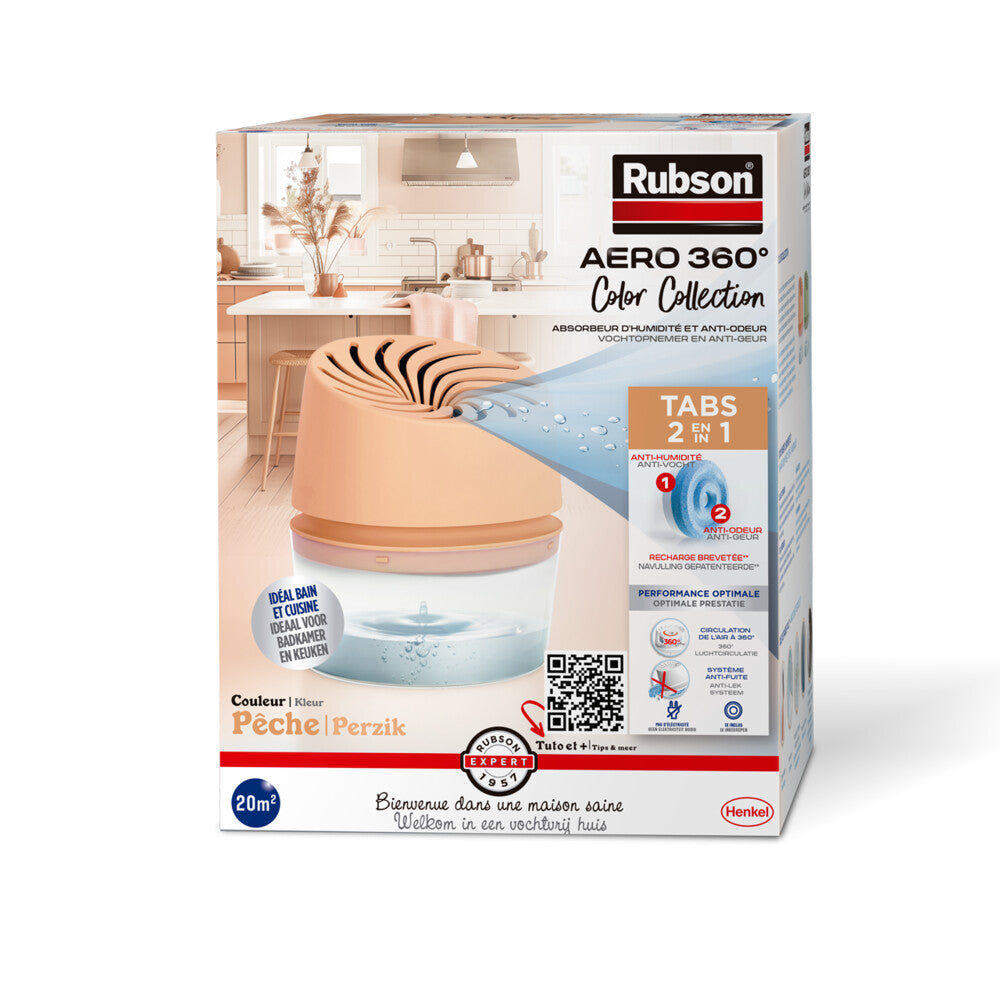 Rubson | Absorbeur d'Humidité Aero 360° Couleur Pêche (1 appareil + 1 recharge de 450 g) – Absorbeur anti-humidité pour pièce jusqu'à 20 m² – Déshumidificateur d'air anti-odeur et anti-moisissure
