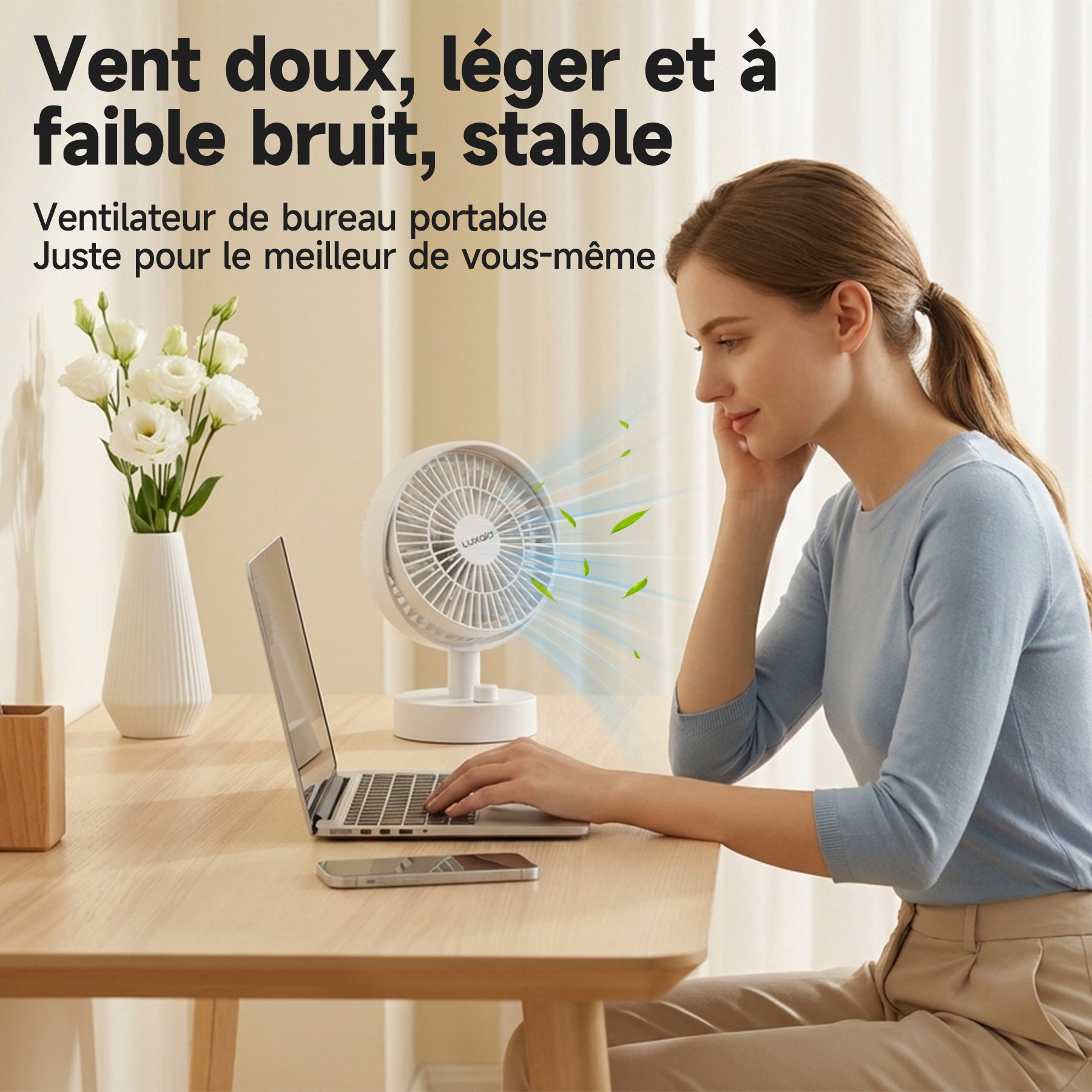 Luxaid Ventilateur de Bureau, Batterie 2000 mAh USB-C, 10 Vitesses, Oscillation 160°, Silencieux, Portable