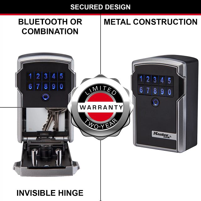 Master Lock Boîte à clés intelligente connectée, mural, Bluetooth ou à combinaison, format moyen 83 x 127 x 59 mm, pour l’extérieur, pour la maison, le bureau, les industries et les véhicules