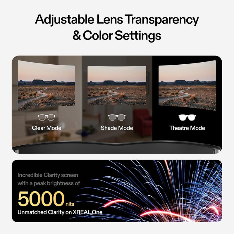 XREAL One lunettes de réalité augmentée avec puce X1, Lunettes de réalité étendue 3 DDL natifs, 147 po champ de vision 50°, Écran 120 Hz, Audio de renom, 3 réglages de transparence des verres