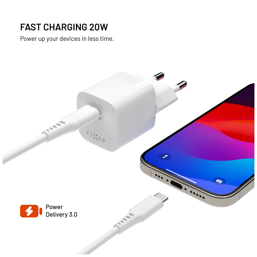 FIXED Chargeur de voyage mini 20 W + câble USB-C vers USB-C, Blanc