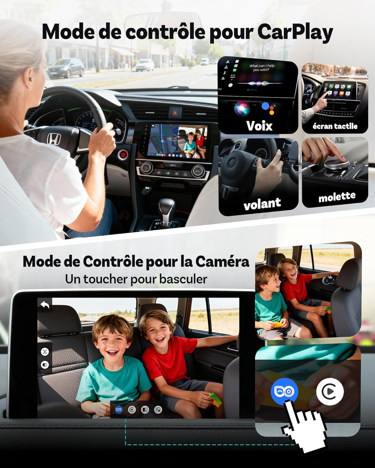 OTTOCAST Cabin Care Caméra voiture pour bébé, Écran partagé pour CarPlay sans fil et vue bébé, Vision nocturne sans lueur, Prêt à l’emploi, Grand angle 150°, 1080P