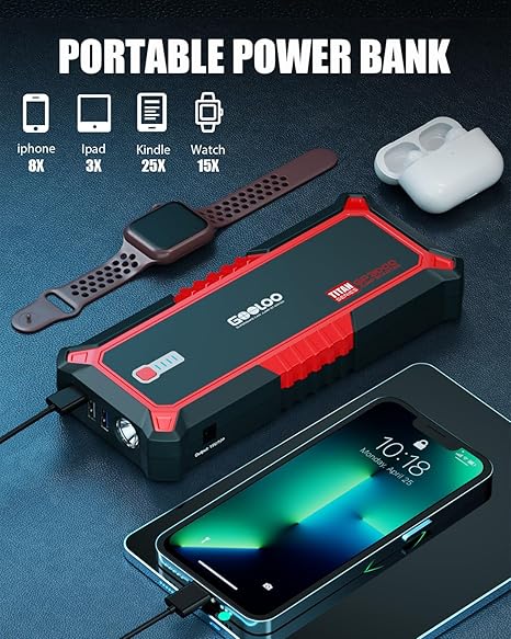 Démarreur de voiture GOOLOO, boosteur de batterie de voiture 3000A de pointe, boîte de démarrage 12V pour batterie de voiture jusqu'à 9L d'essence ou 7L de diesel, boosteur de batterie avec batterie externe / charge rapide / lumière LED