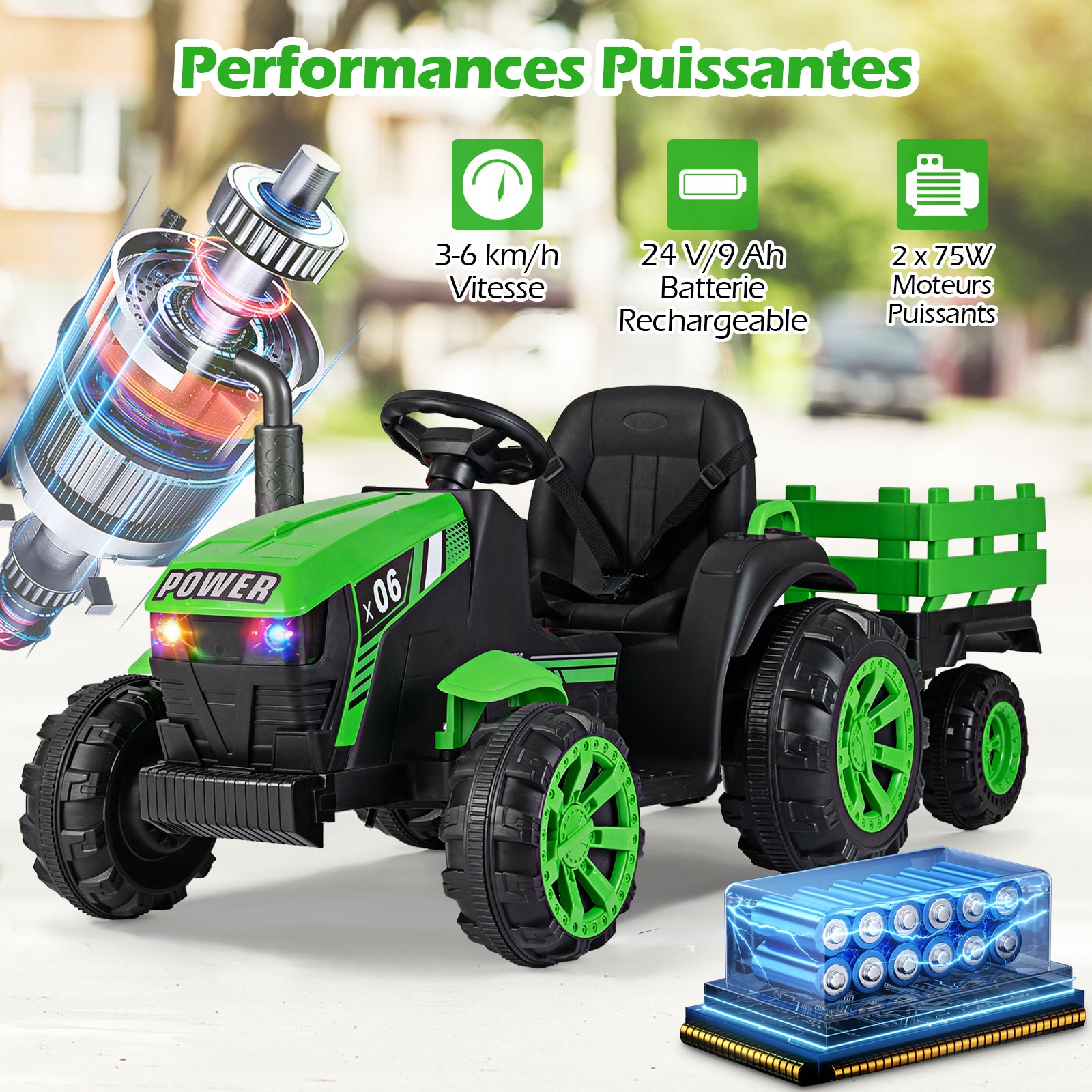 Costway Tracteur électrique pour enfants 24 V avec phares LED RVB, Musique et port USB, Remorque de tracteur électrique et télécommande parentale, Vert