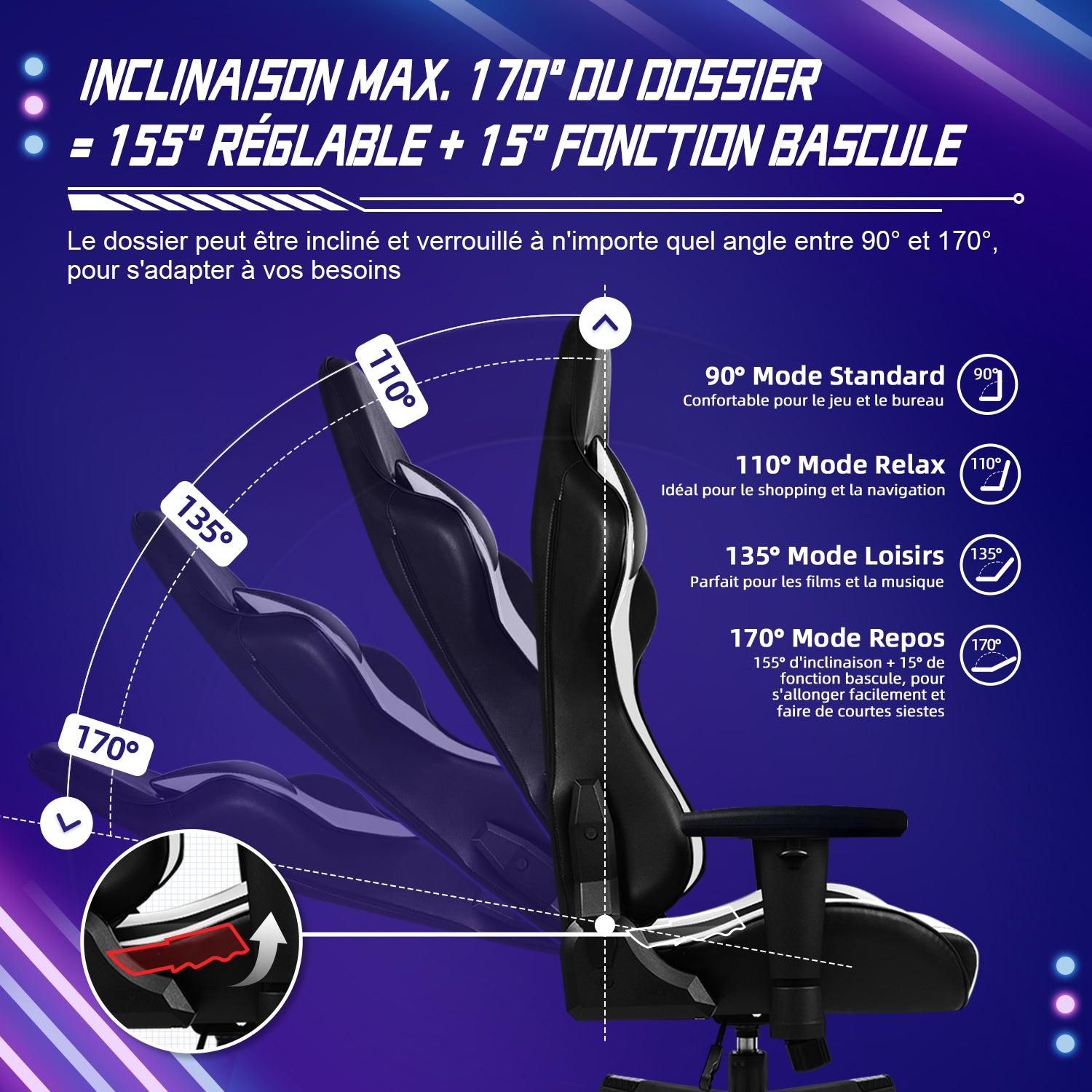 GTIMEX Chaise de bureau ergonomique avec soutien lombaire réglable, appuie-tête et accoudoirs, chaise de jeu rembourrée, fonction d'inclinaison, capacité de charge de 150 kg