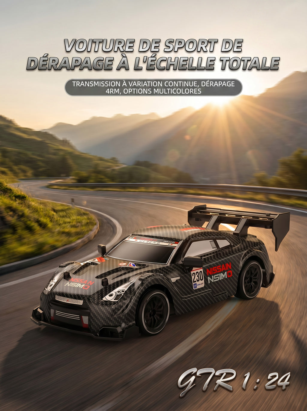 Voiture de Drift RC 4WD GTR 1:24, Vitesse Proportionnelle 2,4 g, Pneus à Double Montage, Châssis à Absorption des Chocs, Jouet de Course Intérieur pour 8 Ans et Plus, One Piece en Noir