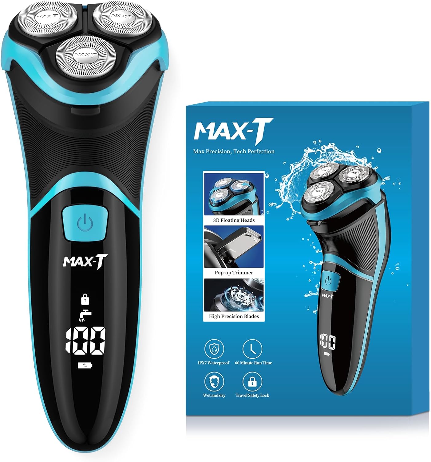 Rasoir électrique MAX-T pour hommes avec tondeuse escamotable, étanchéité IPX7, tête rotative 3D, rasoir sans fil rechargeable, port Type-C, 120 min d'autonomie, Plug & Play – Bleu