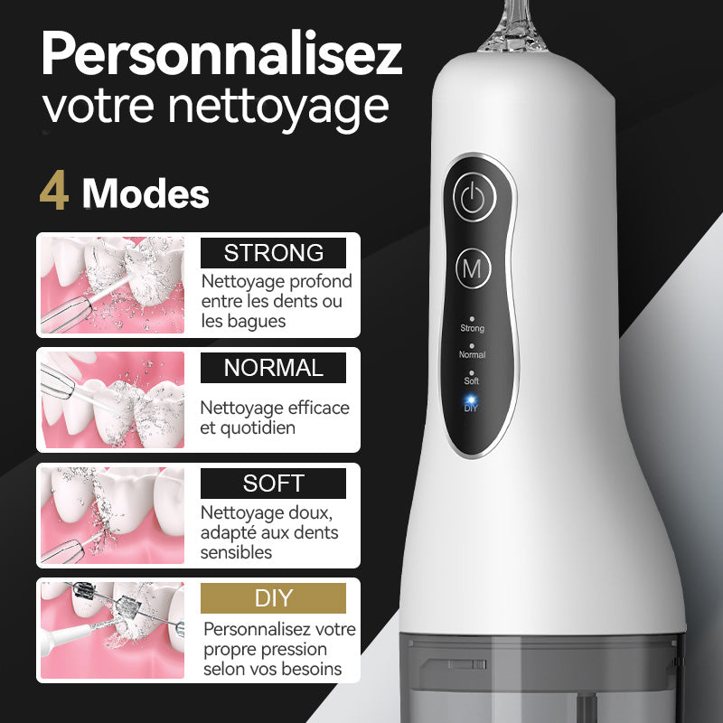 Sunluxy Hydropulseur Dentaire Portable Sans Fil, 140 PSI, Flux d’eau Pulsé Haute Pression, 4 Modes, Réservoir d’eau Amovible 260 ml, Autonomie de 50 Jours