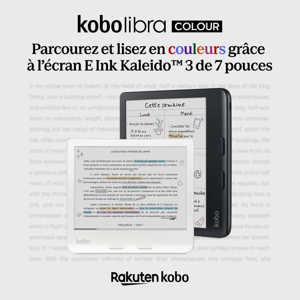 Kobo Libra Colour Liseuse avec écran tactile anti-reflets 7" et 32 Go de stockage - Blanc
