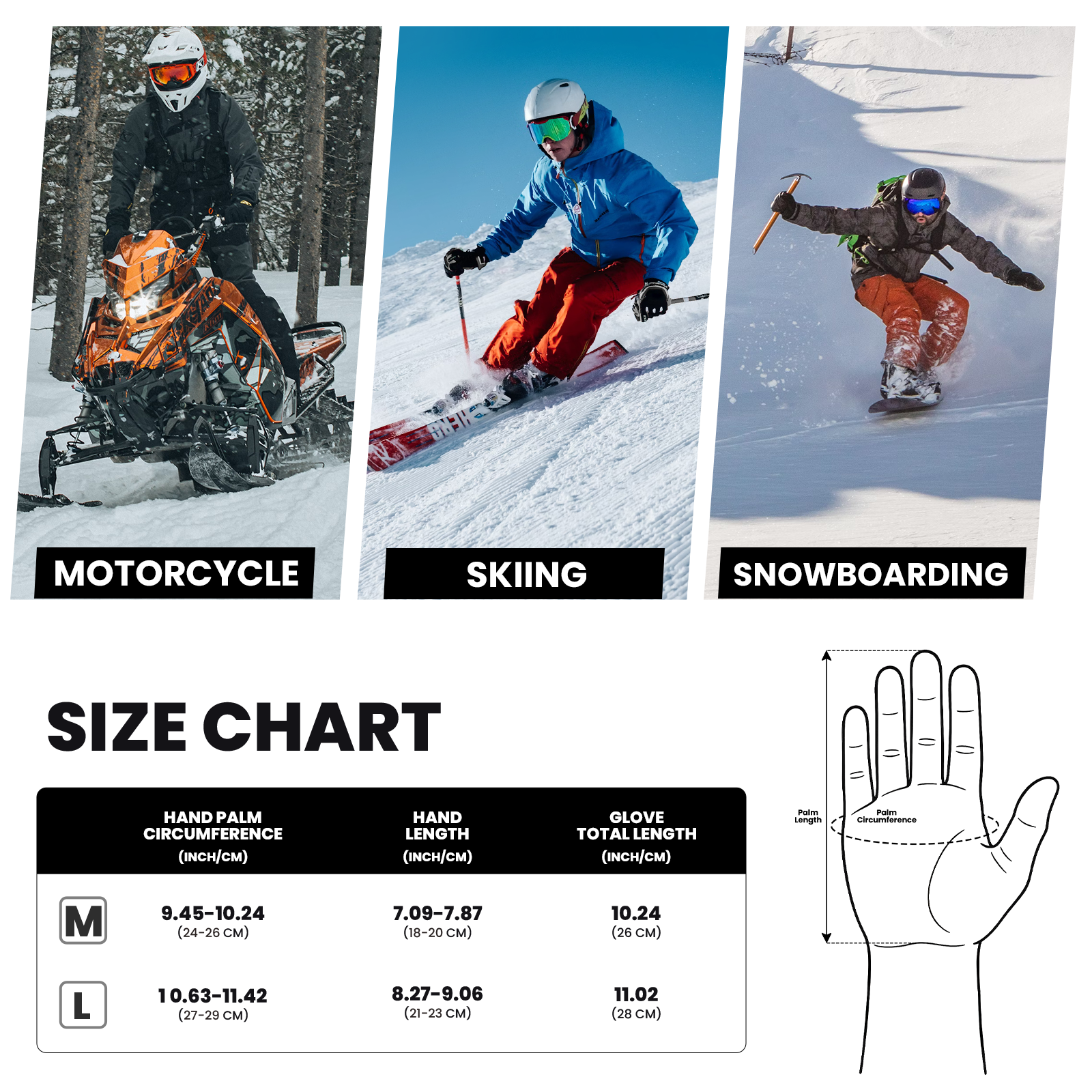 OutdoorMaster Moufles de ski adulte pour femmes et hommes, Gants de ski imperméables et coupe-vent, Gants de snowboard chauds d'hiver Noir L