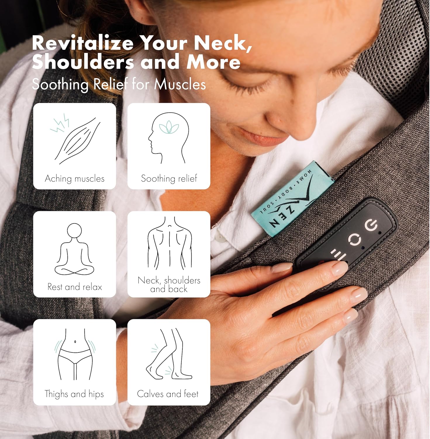 ZEN Matterhorn - Appareil de massage cou et épaules - Deux sens de massage - Trois vitesses - Chaleur apaisante - Pastille d’aromathérapie - Batterie rechargeable USB-C