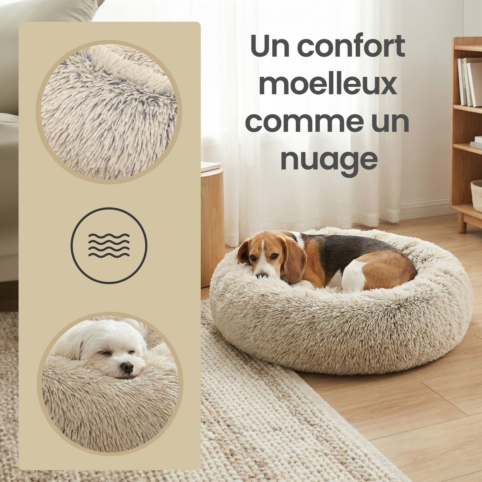 JOYFURNOS Lit pour chien en peluche donut avec housse amovible et lavable, kaki, 70 x 20 cm