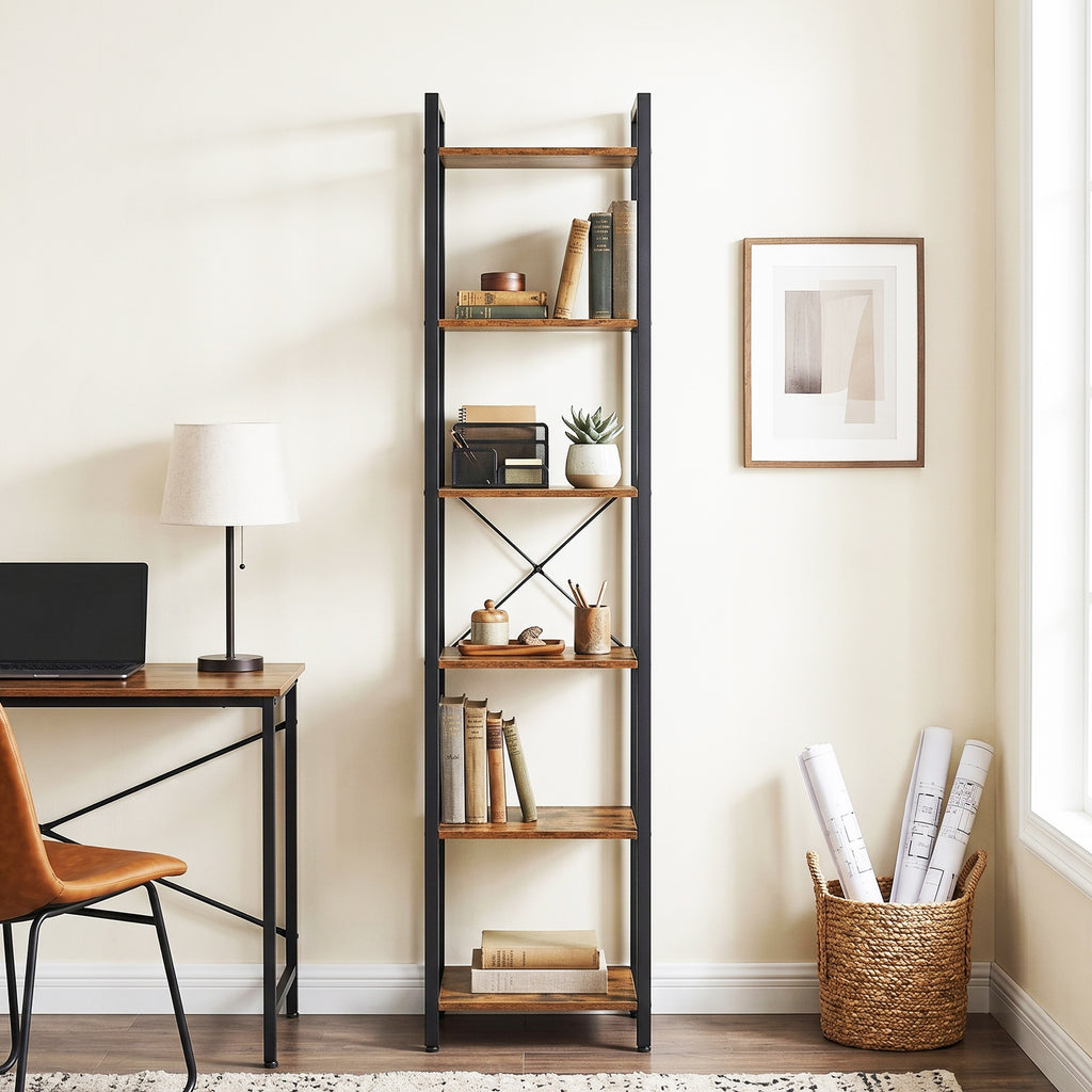 JOYFURNOS Bibliothèque à 6 Niveaux, ?tagère de Rangement pour Bureau, Salle d’?tude, Salon et Chambre, 30 x 40 x 187,5 cm, Style Industriel, Marron Rustique et Noir