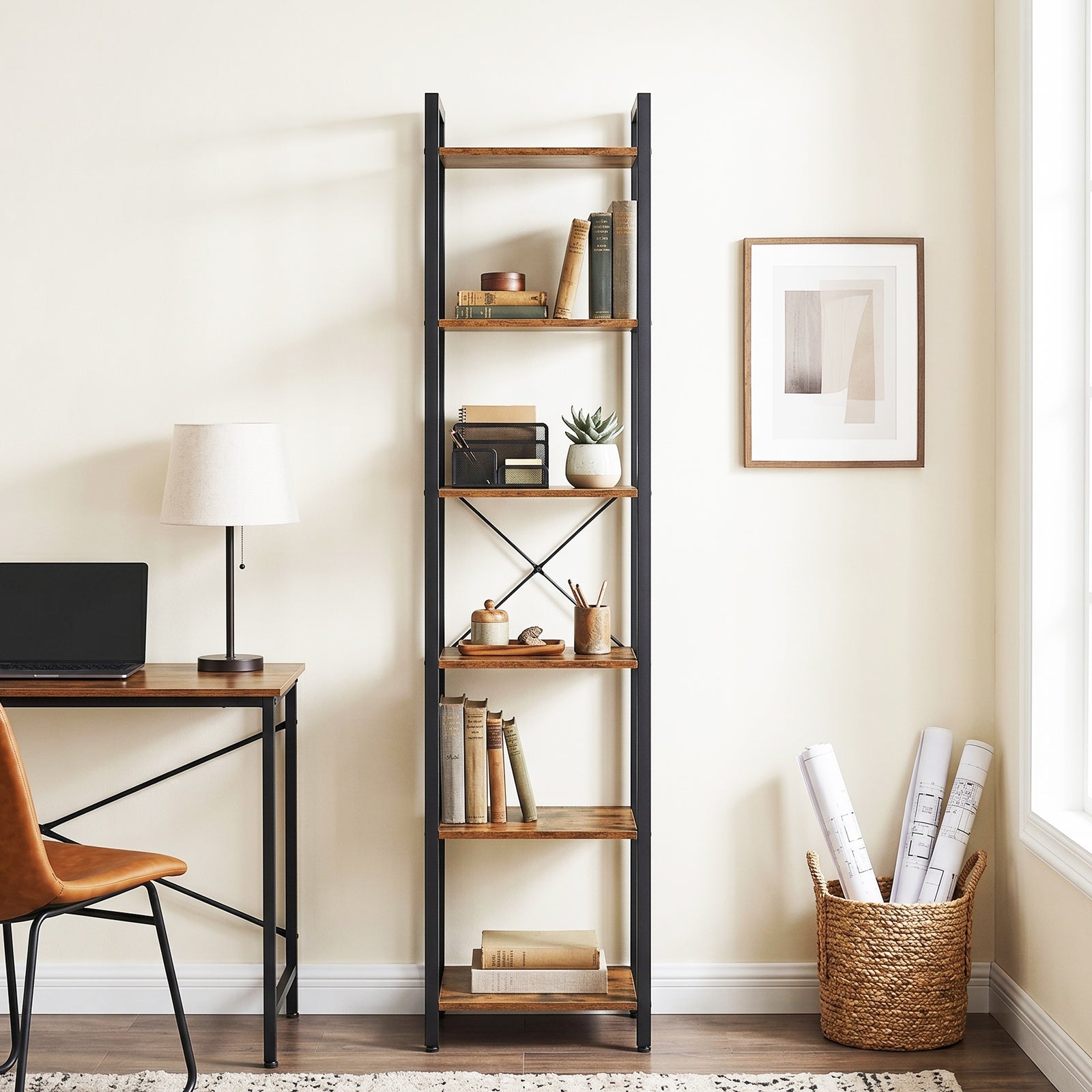 JOYFURNOS Bibliothèque à 6 Niveaux, ?tagère de Rangement pour Bureau, Salle d’?tude, Salon et Chambre, 30 x 40 x 187,5 cm, Style Industriel, Marron Rustique et Noir