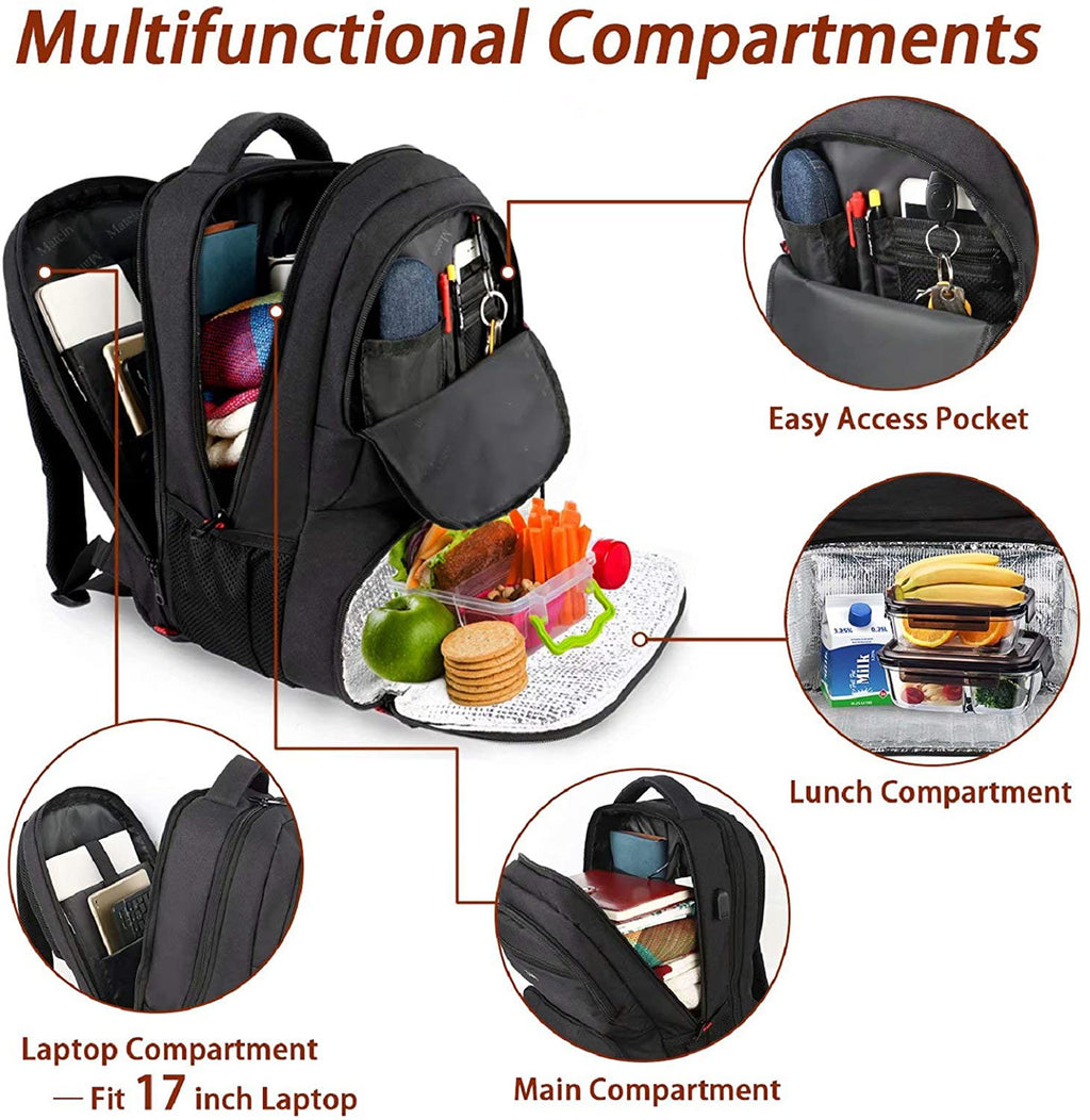 Sac à dos isotherme repas 17 pouces 40 L avec port de charge USB Compartiment ordinateur portable résistant à l'eau