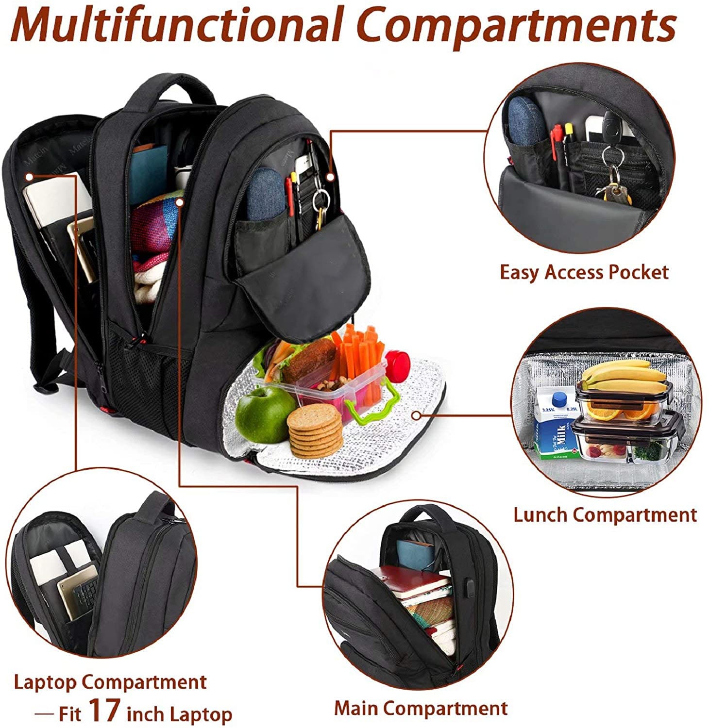 Sac à dos isotherme repas 17 pouces 40 L avec port de charge USB Compartiment ordinateur portable résistant à l'eau