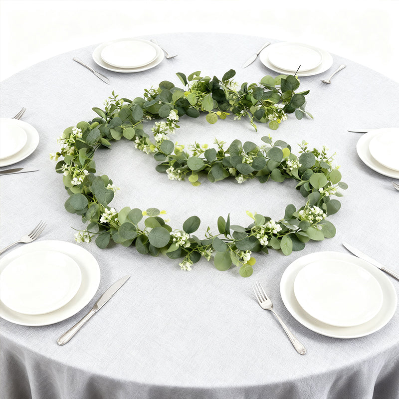 Wei's moment Lot de 2 Guirlandes d'Eucalyptus, 180 cm, Guirlandes Artificielles, Eucalyptus, Guirlande de Fleurs avec Fleurs Blanches, Guirlande de Feuilles