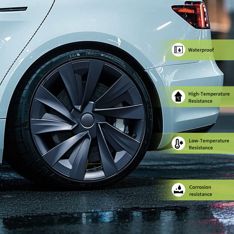 MOTENIO 4 pièces Enjoliveurs de roue haut de gamme pour Tesla Model Y Juniper (2025-2026) 19 po Enjoliveurs durables Noir mat Style turbine Couverture complète Caches-moyeux de roue
