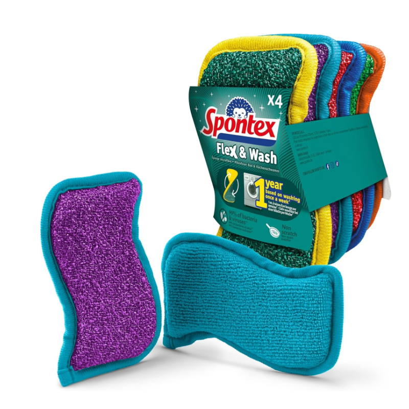 SPONTEX Flex & Wash Éponges réutilisables lavables en machine non abrasives 4 éponges